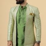 Handmade Lime Green Geometrical Embroidered Open Sherwani with Green Kurta Pajama for Men - Father Son Combo | Jaipurio